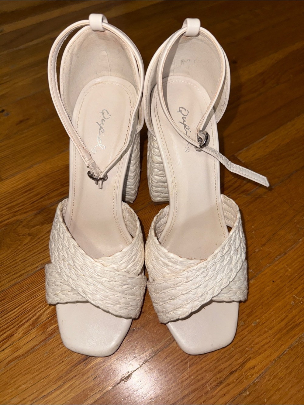 Qupid Cream Braided Wedge Sandals with Ankle Strap